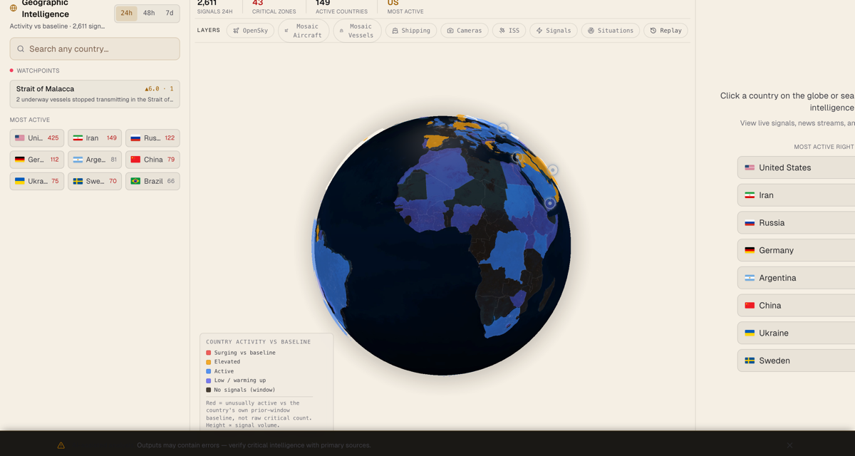 The Mosaic Geo view: a globe with countries coloured by their deviation from their own baseline, a legend explaining the scale, and chokepoint watchpoints.